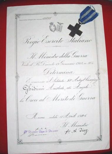 WWI ITALIAN BRONZE MERIT CROSS W/ DOCUMENT TO SOLDIER